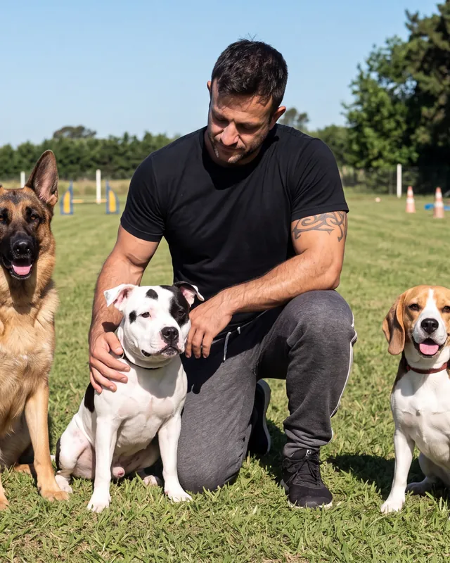 Francisco Canto agachado ao lado de um pastor-alemão, um pit bull e um beagle sentados no gramado
