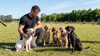 Francisco com cinco cães sentados lado a lado no gramado