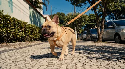 Buldogue francês caminhando tranquilo na guia pela calçada